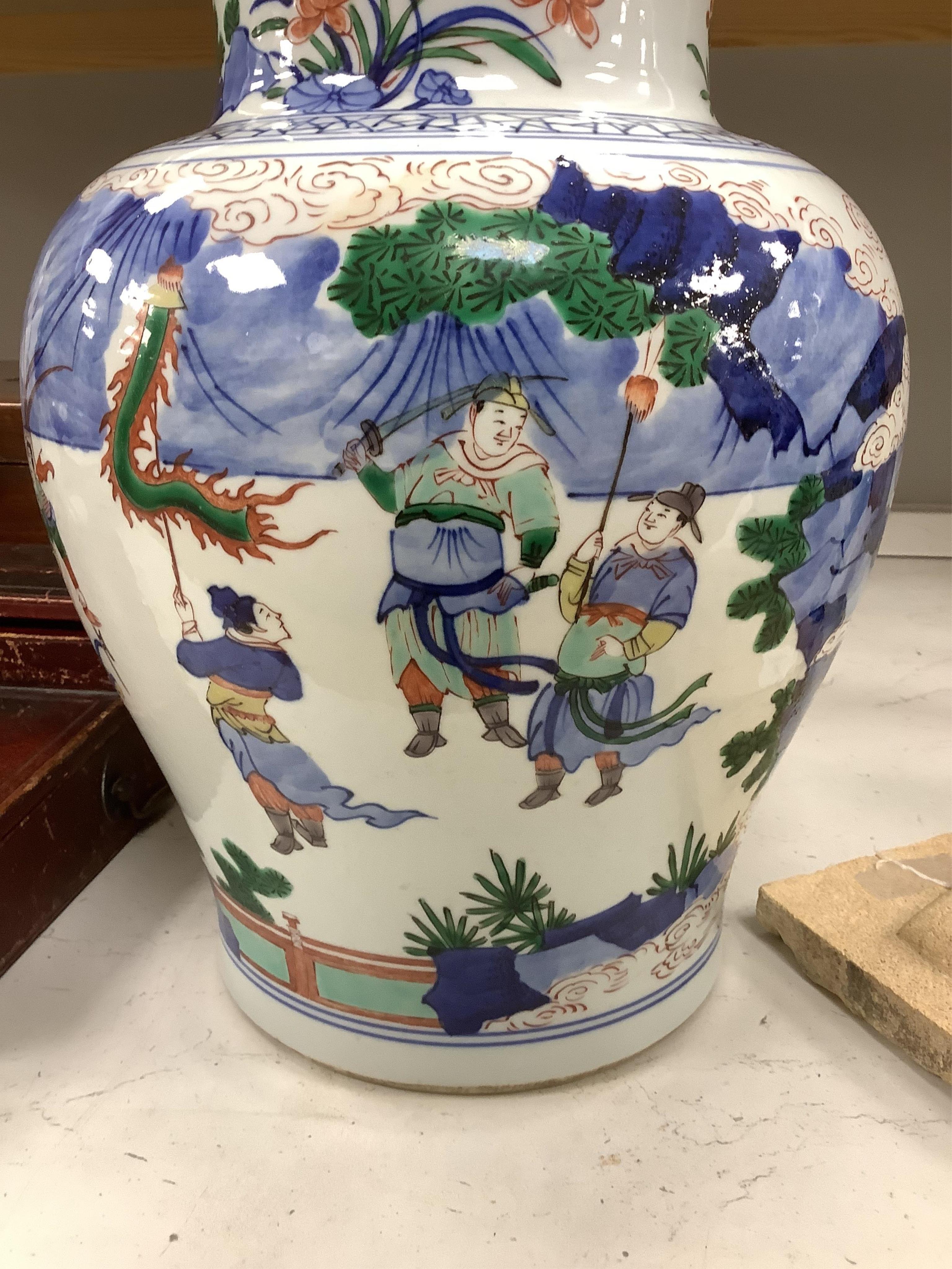 A Chinese famille verte baluster jar and cover, 42cm